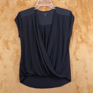 ANN TAYLOR Top Womens XS Black Pullover V-Neck Surplice Wrap Hi Lo Draped